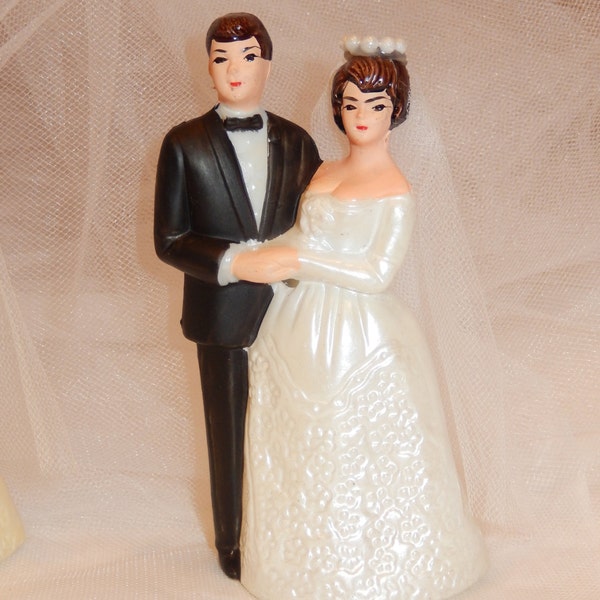 Vintage 1960s Bride and Groom Cake Topper Couple- Ivory Dress