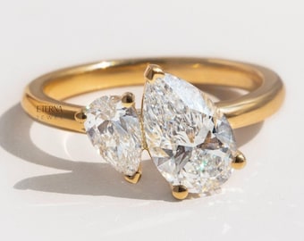 14k Gold Plated, Toi Et Moi Engagement Ring, Pear Cut Moissanite Ring, Two Stone Wedding Ring, Double Stone Ring, Anniversary Ring For Wife