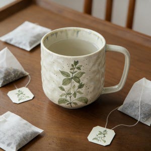 Handmade Ceramic Mug, Vintage Floral Kiln Glaze Mug, Green Leaf Coffee Cup, 11oz Pottery Mug, Eco Friendly Gift