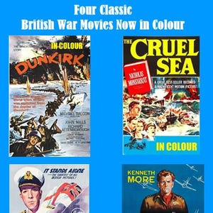 May include: Four classic British war movie posters in color are displayed against a blue background. The posters include "Dunkirk," "The Cruel Sea," "In Which We Serve," and "Reach for the Sky." Each poster features vintage artwork and text.