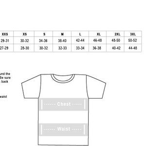 May include: Size chart for a unisex t-shirt with measurements in inches for chest and waist for sizes XXS, XS, S, M, L, XL, 2XL, and 3XL.