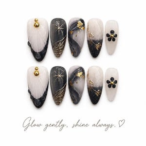 Black Press On Nails, Gold Chrome Nails, Cat Eye Nails, Marble Nail, Elegant Nails, Premium Press Ons