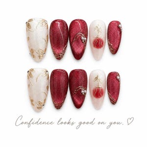 Red Press On Nails, Cherry Red Nails, Pearl Nails, Elegant Nails, Bridal Nails, Gold Nails Set