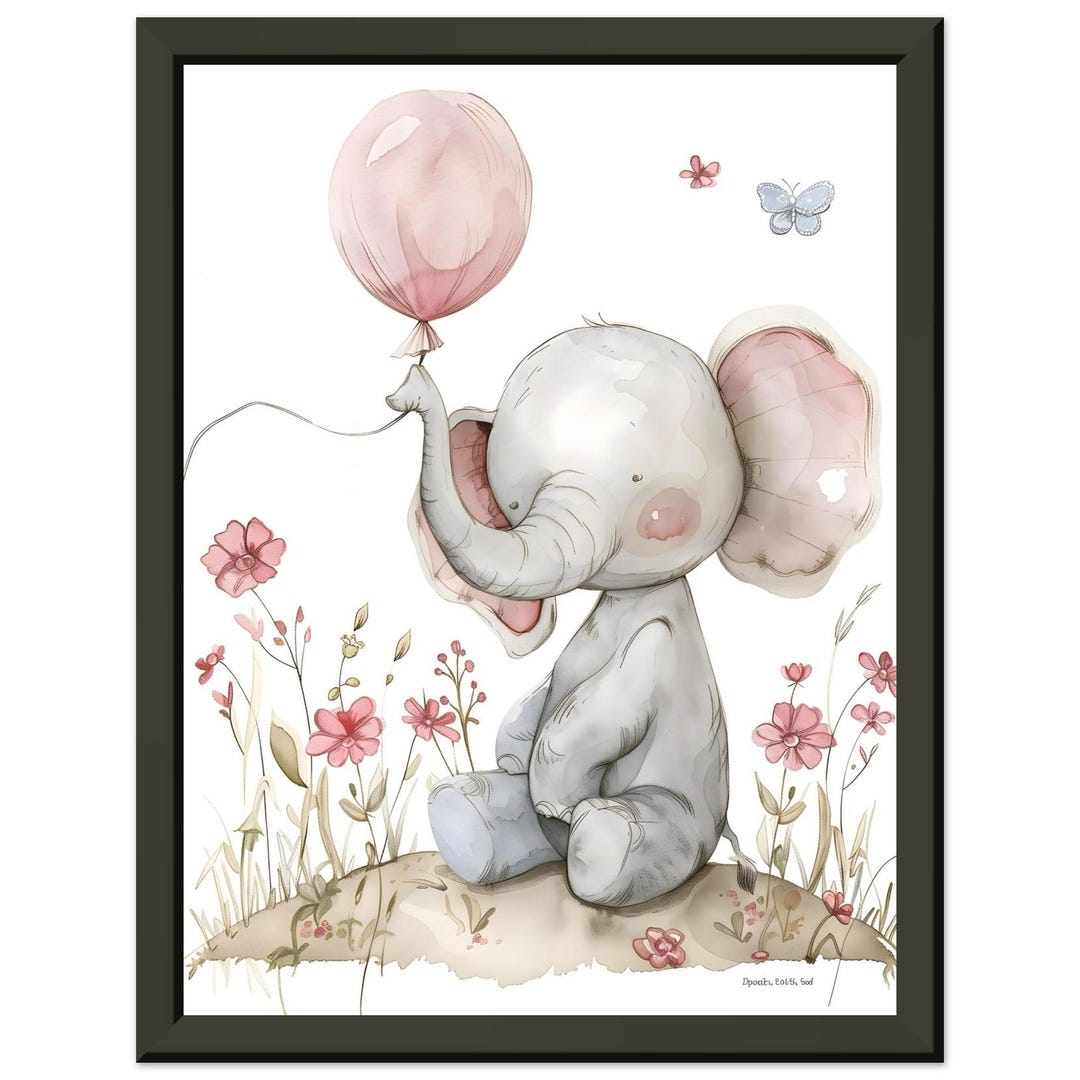 Baby Elephant Wall Art – Watercolor Nursery Print With Balloon and ...