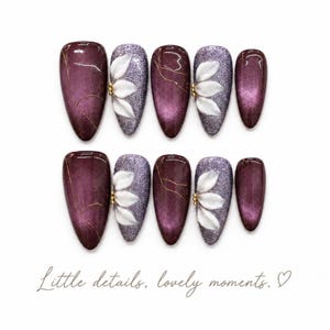Lavender Press On, Soft Purple Nails, Flower Nails, Cat Eye Nails, Glossy Nails, Elegant Nails, Reusable Nails