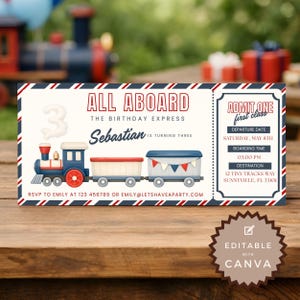 May include: A train-themed birthday invitation with the text "All Aboard" and "Sebastian is turning three." The design features a blue and red train with three cars, and a ticket-style layout with event details.