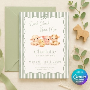 May include: A rectangular birthday invitation card with a sage green and white striped border. The center features watercolor illustrations of a lamb, chick, piglet, and calf. Text reads: Oink Cluck Baa Moo.. Charlotte IS TURNING TWO March 22 2026.