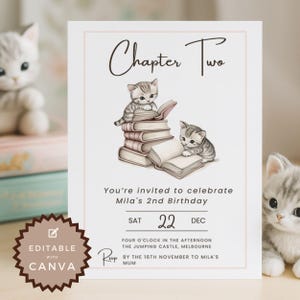 May include: A light pink invitation card with the text "Chapter Two" and "Mila's 2nd Birthday". The card features illustrations of two kittens reading books. The text "Editable with Canva" is also present.