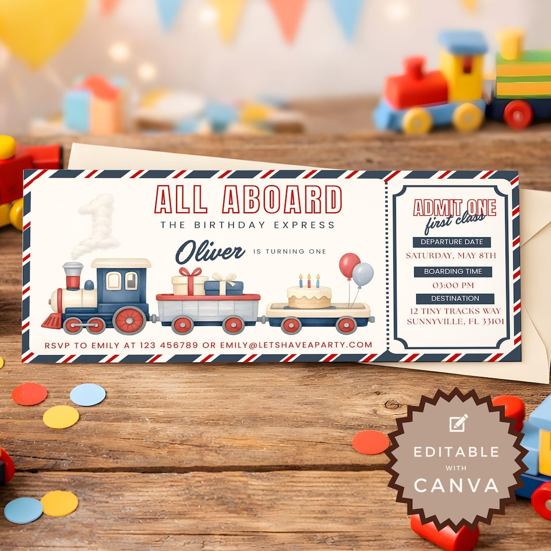 First Birthday Train Invite, Train Ticket First Birthday Invitation ...