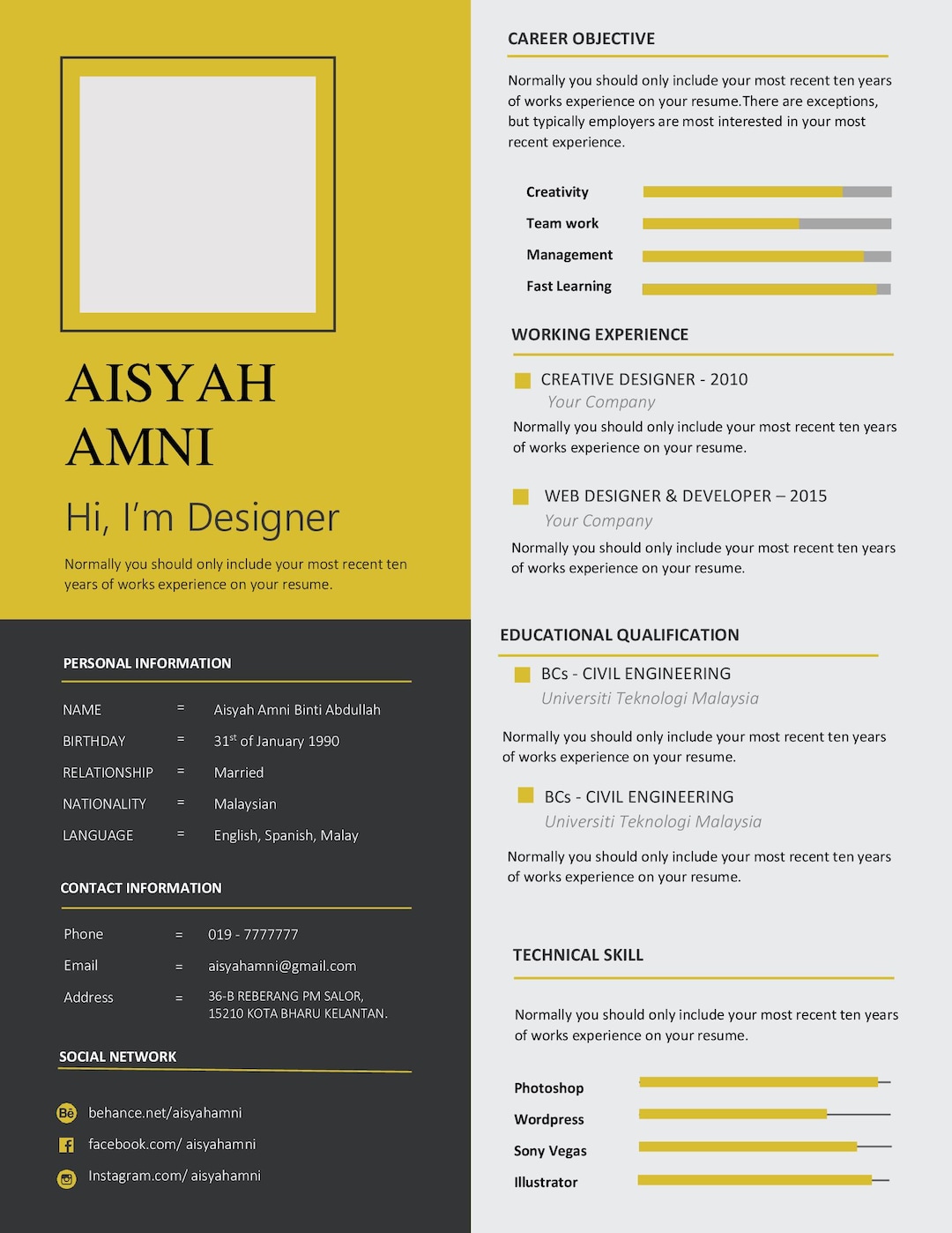 Creative Resume Template for Word | Modern CV for Designers ...