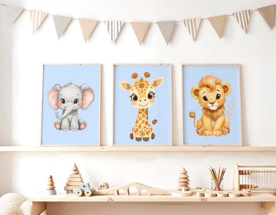Set of 3 Digital Blue Animal Prints for Nursery | Kids Wall Art ...