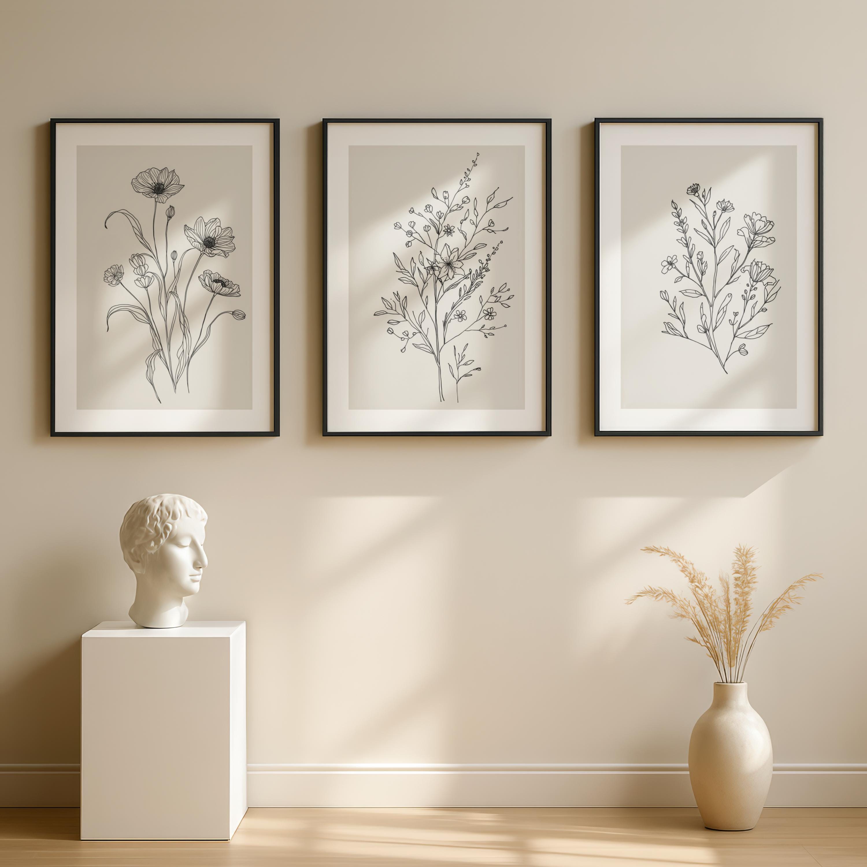 Set of 3 Botanical Line Art Prints - Minimalist Home Décor | 3 Piece ...
