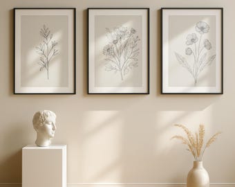 Set of 3 Botanical Line Art Digital Print – Minimalist Floral Wall ...