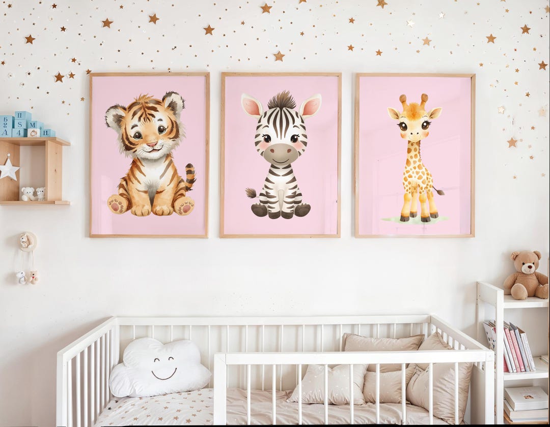 Set of 3 Pink Safari Nursery Wall Prints | Kids Wall Art | Safari ...