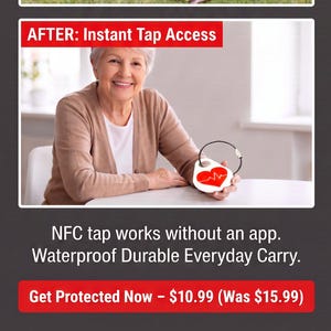 May include: A white circular NFC medical alert tag featuring a red heart icon with an EKG line. The text reads: INSTANT EMERGENCY DATA ACCESS IN CASE OF AN EMERGENCY, BEFORE: Missing Medical History, AFTER: Instant Tap Access, NFC tap works without an app. Waterproof Durable Everyday Carry.