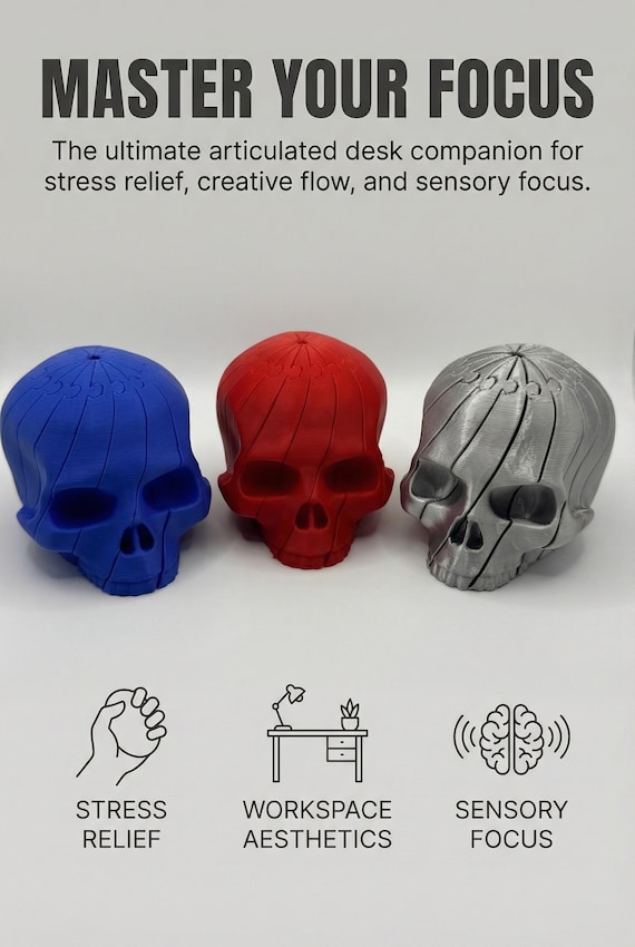 3D Printed Kinetic Skull Fidget Toy – Articulated Desk Toy