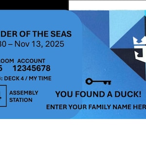 Op de afbeelding: Een blauwe cruisekaart met de tekst "WONDER OF THE SEAS" en data. Het bevat informatie over de hut en het account, details over het dineren en een verzamelstation. Een cartoon eend met een zonnebril staat in de hoek.