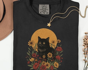 Black Cat Floral Tee: Mystical Cottagecore Comfort Colors T-Shirt