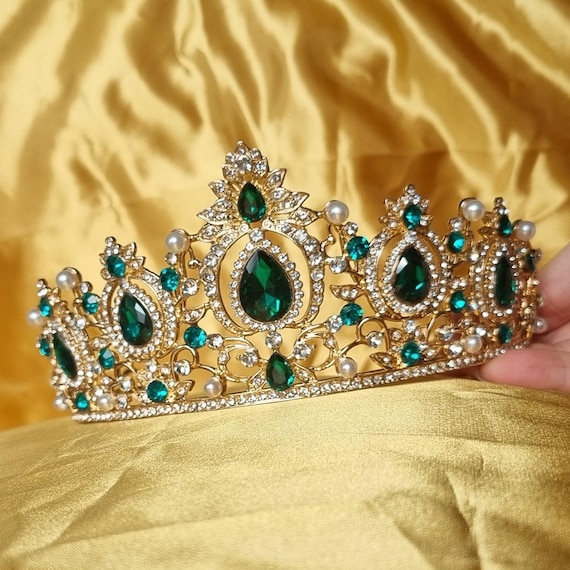 Gold Green Crown Tiara, Wedding, Woman, Girl, Jewelry, Noble  display picture 1