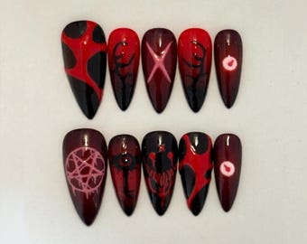 Uñas postizas Alastor Hazbin Hotel, diseño de uñas ocultista y oscuro