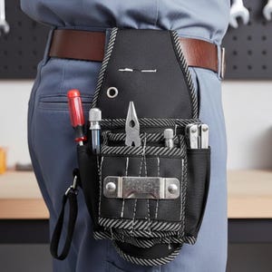 May include: Black tool belt with multiple pockets and a brown leather belt. The tool belt is filled with various tools, including a screwdriver, pliers, and a multi-tool. The belt is worn by a person wearing a blue work uniform.