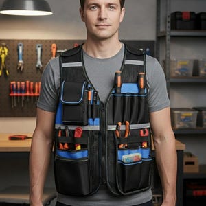 May include: Black and blue tool vest with multiple pockets and reflective stripes. The vest is filled with various tools, including screwdrivers, pliers, and wrenches. The vest is worn by a person in a grey t-shirt.