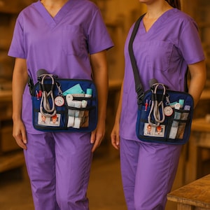 May include: Two people wearing purple scrubs with a navy blue medical bag. The bag has multiple pockets and contains medical supplies, including a stethoscope, bandages, and small bottles. The bag is worn over the shoulder.
