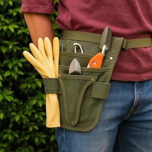 May include: A green canvas gardening tool belt with multiple pockets, holding a trowel, a hand rake, and a small shovel. A pair of yellow gardening gloves are in a side pocket. The belt is worn around the waist.