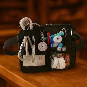May include: Black medical bag with various pockets, holding a stethoscope, pink watch, pens, medical tape, and other medical supplies. The bag has a shoulder strap, designed for healthcare professionals.