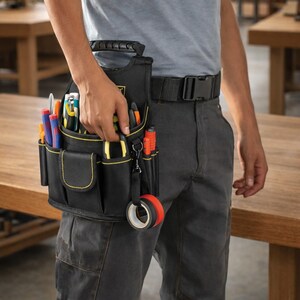 May include: Black tool bag with multiple pockets and a handle, filled with various tools. The bag has yellow stitching and a black strap with a roll of red and white tape attached. The bag is being held by a person.