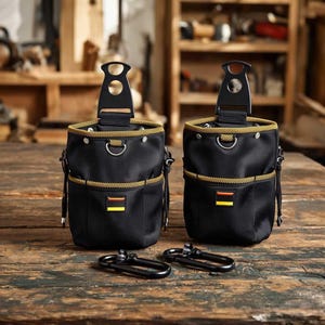 May include: Two black tool pouches with yellow and gold trim, and a black metal clip. The pouches have a loop at the top and a small pocket on the front with a yellow and red stripe. The pouches are sitting on a wooden surface.