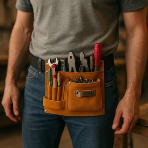 Może przedstawiać: Skórzany pas narzędziowy w kolorze brązowym noszony w pasie, wypełniony różnymi narzędziami, w tym kluczem, szczypcami i śrubokrętami. Pas ma wiele kieszeni i metalową tabliczkę znamionową. Osoba nosi szarą koszulkę i niebieskie dżinsy.