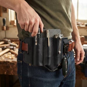 May include: A black leather belt organizer pouch featuring multiple vertical slots for tools, including a flashlight and a pen, attached to a brown leather belt. The pouch includes a metal clip for keys and a pocket for a small rectangular notebook.