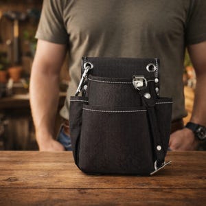 May include: A black tool belt with multiple pockets and white stitching sits on a wooden surface. The belt has a metal clip and a strap with rivets. The background is blurred, suggesting a workshop setting.