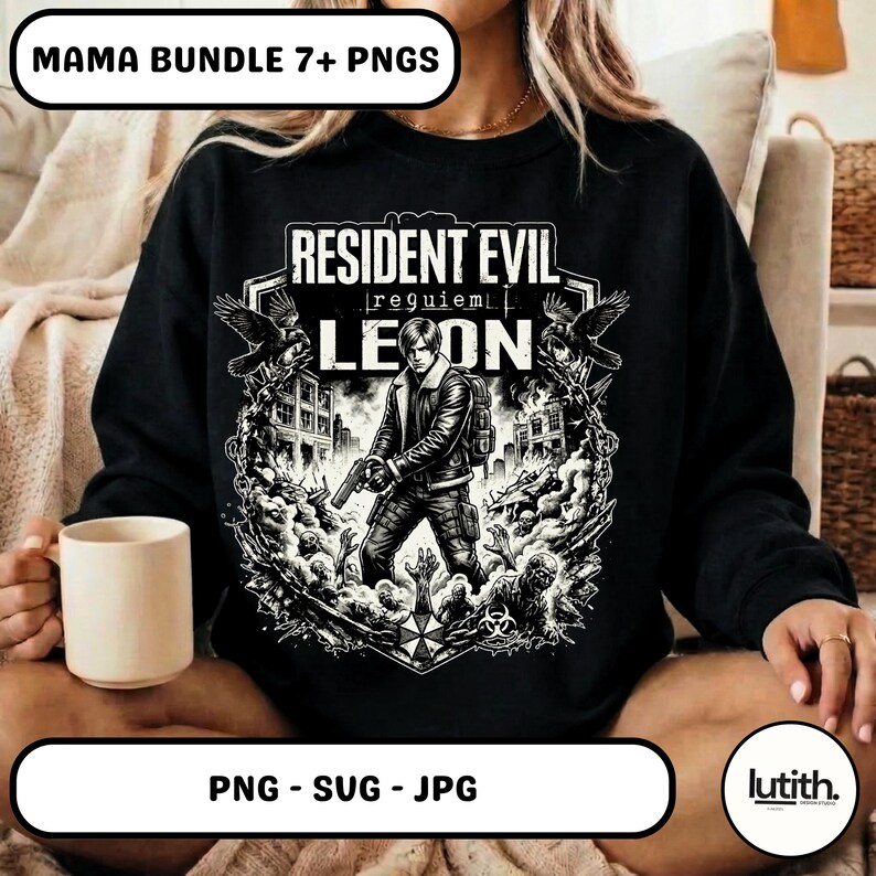 Może przedstawiać: Czarna bluza z nadrukiem w czerni i bieli przedstawiającym Leona z Resident Evil, otoczonego szczeg&oacute;łową ilustracją miasta i zombie. Widoczny tekst "RESIDENT EVIL requiem LEON". Zawiera tekst "MAMA BUNDLE 7+ PNGS" i "PNG - SUG - JPG".