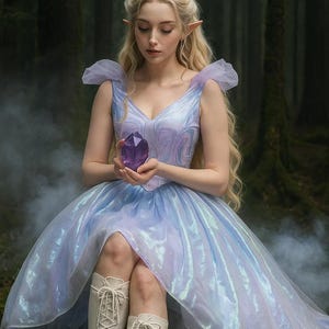 Handgefertigtes Elfen-Hexe-Kostüm: Irisierendes Elfen-Prinzessin-Kleid mit Tiara