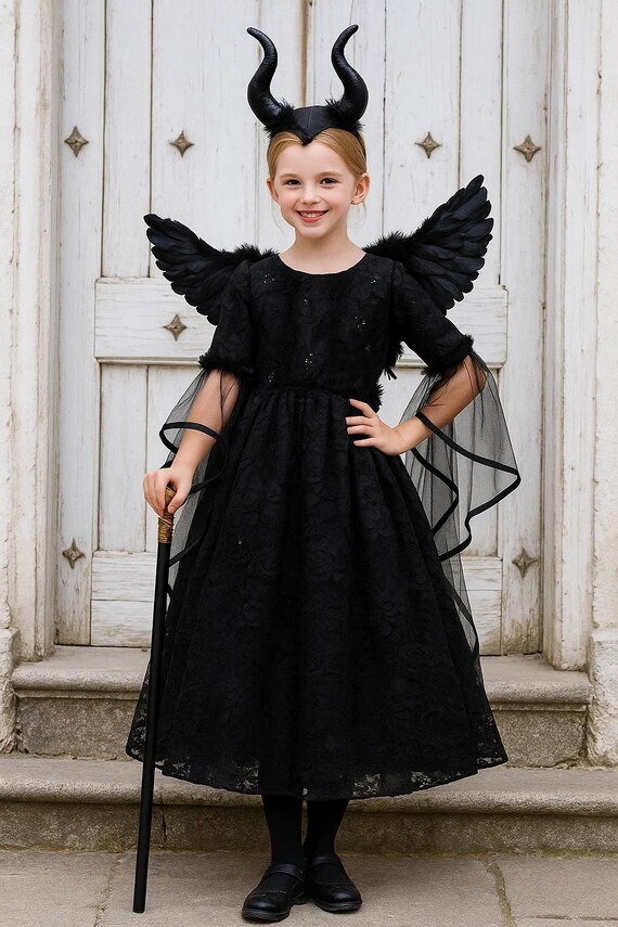 Fairy Princess Dark Fairy Costume Kids Handmade Halloween Girls Witch  Princess Dress,maleficent Role Play
