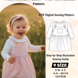 May include: A digital sewing pattern for a pinafore dress and ruffle blouse. The image shows a smiling toddler wearing a pink dress with white polka dots and a white blouse. The pattern includes a step-by-step illustrated sewing guide and comes in 9 sizes.
