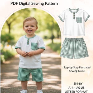 Mönster för tvådelat set för babypojke: T-shirt och sommarshorts i PDF-format för barn