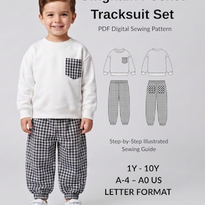 Puede incluir: Un patrón de costura digital en PDF para un conjunto de chándal con bolsillo de cuadros vichy, que incluye una sudadera blanca de manga larga con bolsillo en el pecho y pantalones a juego. Guía ilustrada paso a paso para tallas 1Y-10Y.