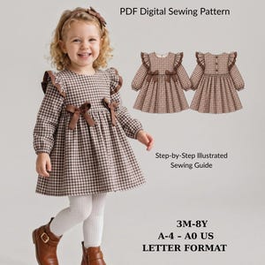 Puede incluir: Un patrón de costura digital en PDF para un vestido con volantes Mocha, que presenta un vestido de manga larga a cuadros vichy marrones y blancos con volantes en los hombros y dos lazos en la cintura. Incluye una guía de costura ilustrada para tallas 3M-8Y.