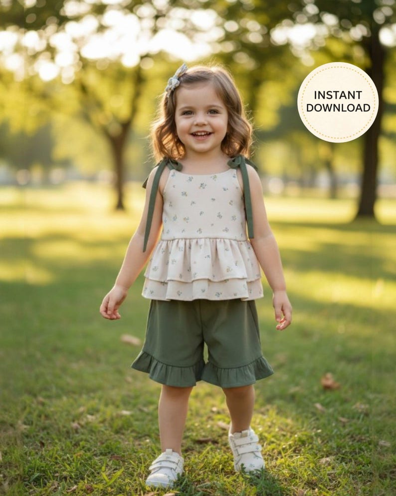 K&ouml;nnte beinhalten: Ein zweiteiliges Kinderoutfit. Das Oberteil ist cremefarben mit floralem Muster und gr&uuml;nen Tr&auml;gern. Die Shorts sind olivgr&uuml;n mit R&uuml;schensaum. Im Hintergrund ist der Text "INSTANT DOWNLOAD" zu sehen.