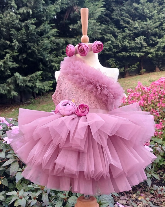 Romantic Plum Lace Baby Dress, Flower Girl Tulle Tutu Dress, 1st Birthday Toddler Costume