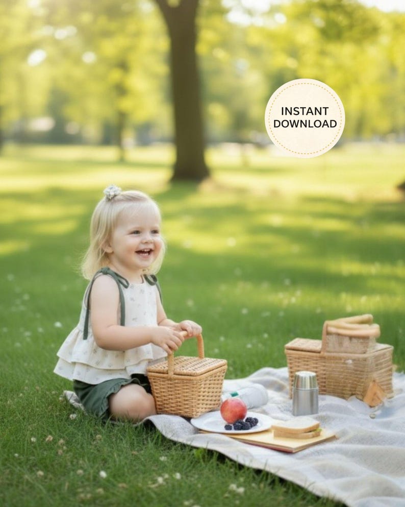 K&ouml;nnte beinhalten: Ein Kind sitzt l&auml;chelnd auf einer Decke in einem Park und h&auml;lt einen kleinen Picknickkorb aus Weide. Ein Teller mit Essen, eine Thermoskanne und ein Spielzeug-LKW befinden sich in der N&auml;he. Das Bild hat eine weiche, nat&uuml;rliche Beleuchtung mit unscharfem Hintergrund.