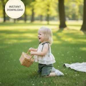 K&ouml;nnte beinhalten: Ein Kind kniet auf Gras und h&auml;lt einen kleinen Weidenkorb. Das Kind tr&auml;gt ein cremefarbenes Oberteil mit R&uuml;schen und gr&uuml;ne Shorts. Das Bild enth&auml;lt den Text "INSTANT DOWNLOAD" in einem Kreis.