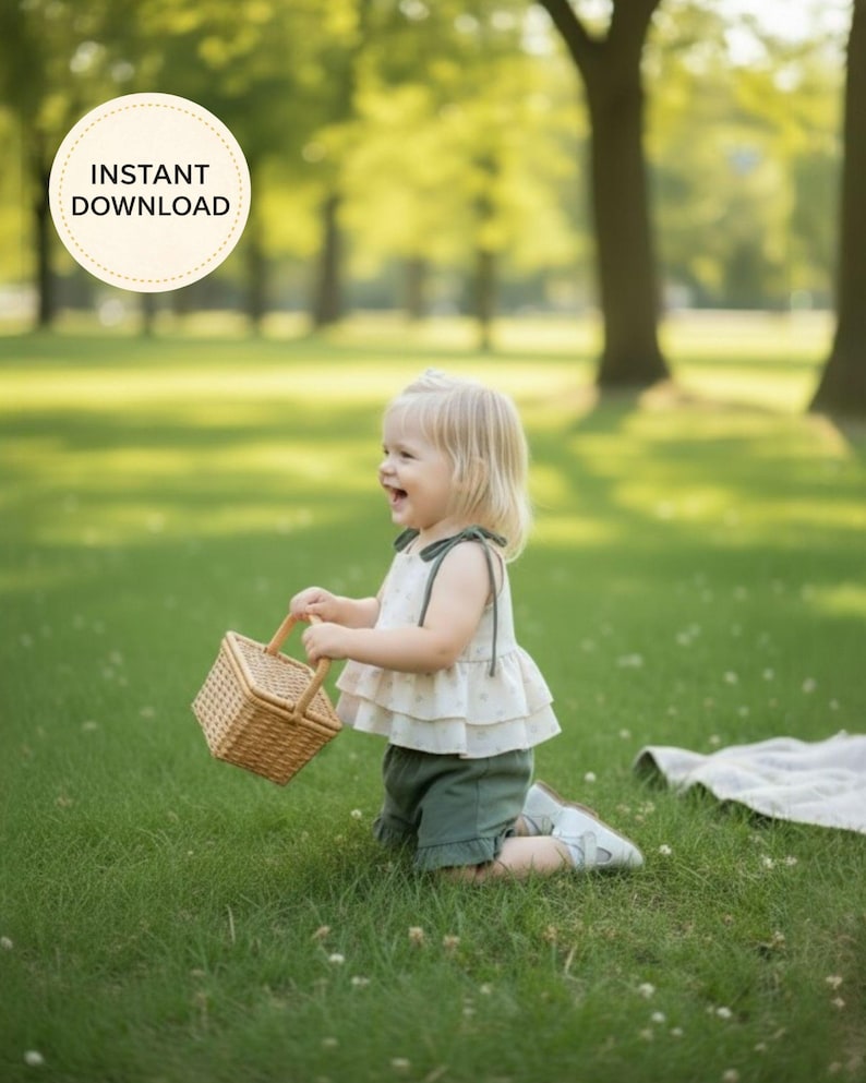 K&ouml;nnte beinhalten: Ein Kind kniet auf Gras und h&auml;lt einen kleinen Weidenkorb. Das Kind tr&auml;gt ein cremefarbenes Oberteil mit R&uuml;schen und gr&uuml;ne Shorts. Das Bild enth&auml;lt den Text "INSTANT DOWNLOAD" in einem Kreis.