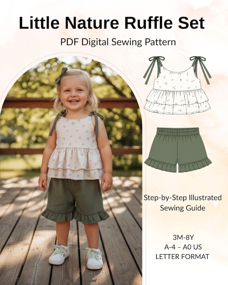 Sew a cute summer outfit for girls with this PDF sewing pattern set featuring a tie-front ruffle top and comfy shorts. Perfect for toddlers and kids, this beginner-friendly pattern includes easy step-by-step photo instructions. Ideal for linen, cotton, or muslin fabrics. Great for beach days, holidays, and everyday wear. Instant digital download with printable pattern pieces for creating a stylish handmade children’s outfit at home.