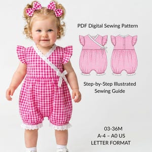 May include: Rosie Bubble Romper PDF digital sewing pattern with step-by-step illustrated sewing guide. Includes 03-36M sizing in A-4, A0, and US letter formats. Features a pink and white gingham romper with flutter sleeves and lace trim.