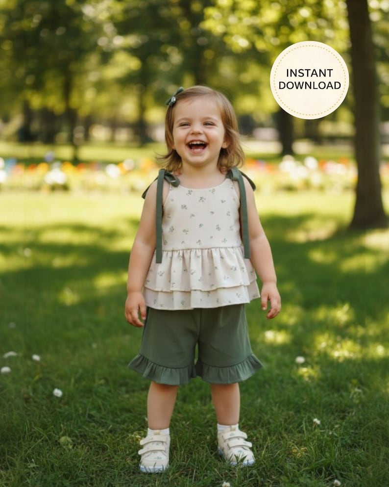 K&ouml;nnte beinhalten: Ein zweiteiliges Kinderoutfit. Das Oberteil ist cremefarben mit floralem Muster und gr&uuml;nen Tr&auml;gern. Die Shorts sind olivgr&uuml;n mit R&uuml;schensaum. Das Bild enth&auml;lt eine runde Grafik mit "INSTANT DOWNLOAD".