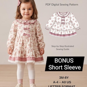 以下が含まれることがあります： Rosalie Dress PDFデジタル型紙。花柄の長袖ドレスで、フリル襟、フロントの3つのリボン、ティアードスカートが特徴です。ステップバイステップのイラスト付き縫製ガイド、半袖オプション、3Mから8Yまでのサイズが含まれています。